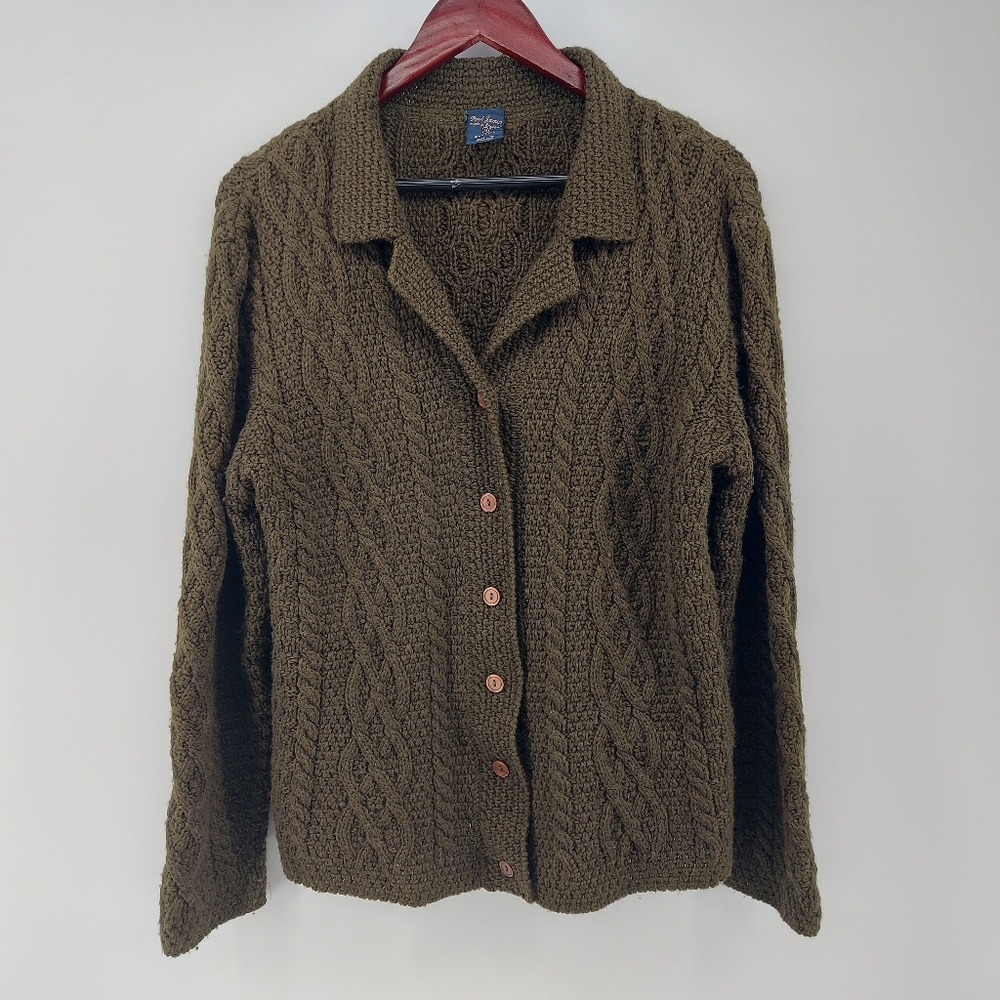 Paul James Wool Cableknit Brown Cardigan Made in England Size Medium
